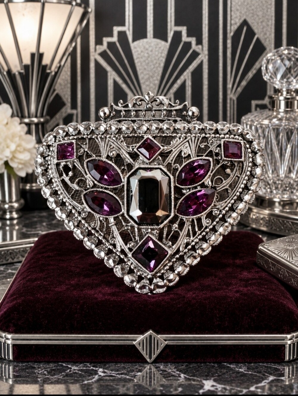 Silver Tone Art Deco Hematite Amethyst Purple Rhinestone Ornate Brooch Repro EUC
